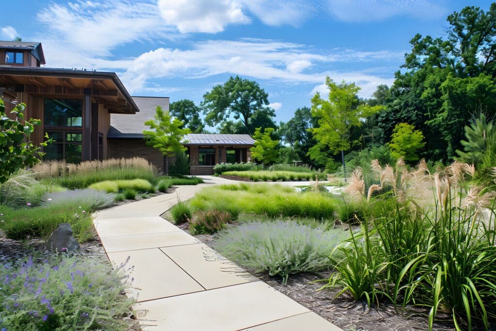 Eine gepflegte Gartenlandschaft mit modernen Elementen, Gräsern und einem Pavillon-Bereich für komfortable Outdoor-Aktivitäten.