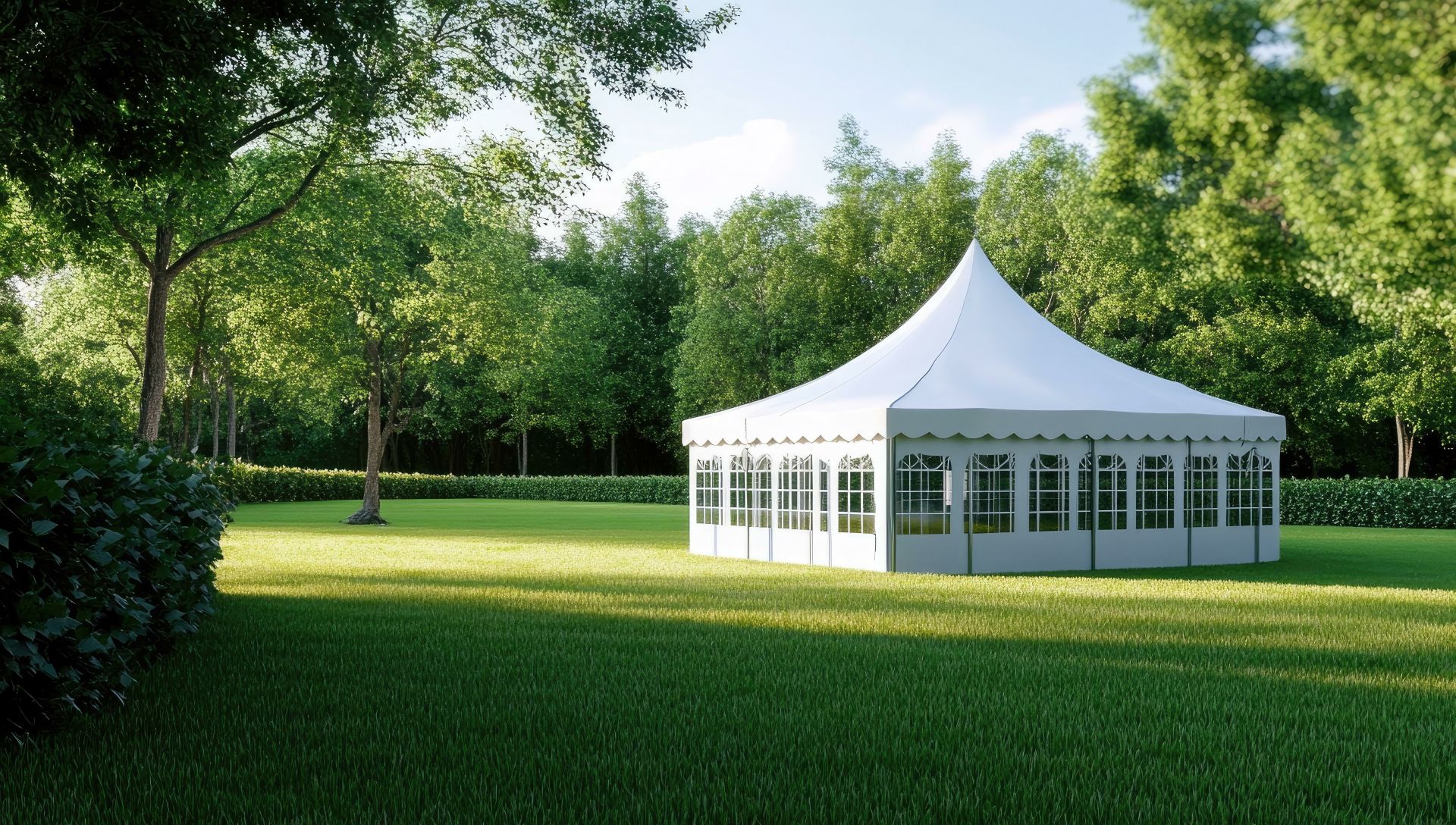 Ein großes, weißes Festzelt-Pavillon auf einer grünen Wiese, umgeben von Bäumen, ideal für Veranstaltungen und Gartenfeste.