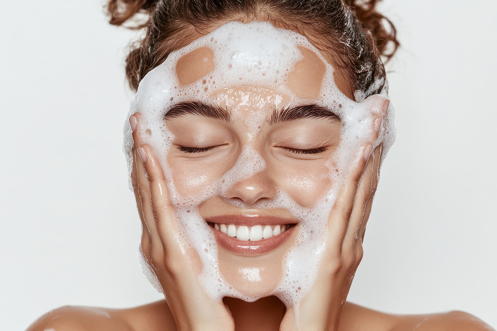 Frau mit Schaum im Gesicht beim Pflegeritual | Detangler Brush

