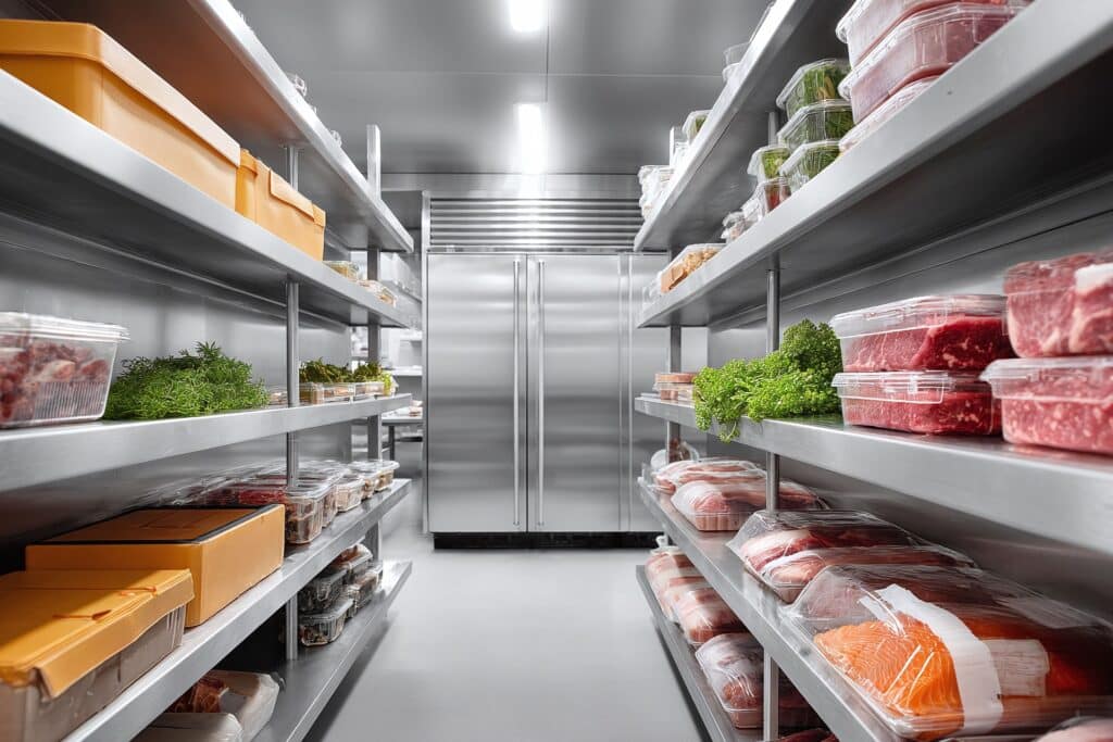 Kühlraum mit Lebensmitteln, Fleisch und frischen Kräutern | Salattheke