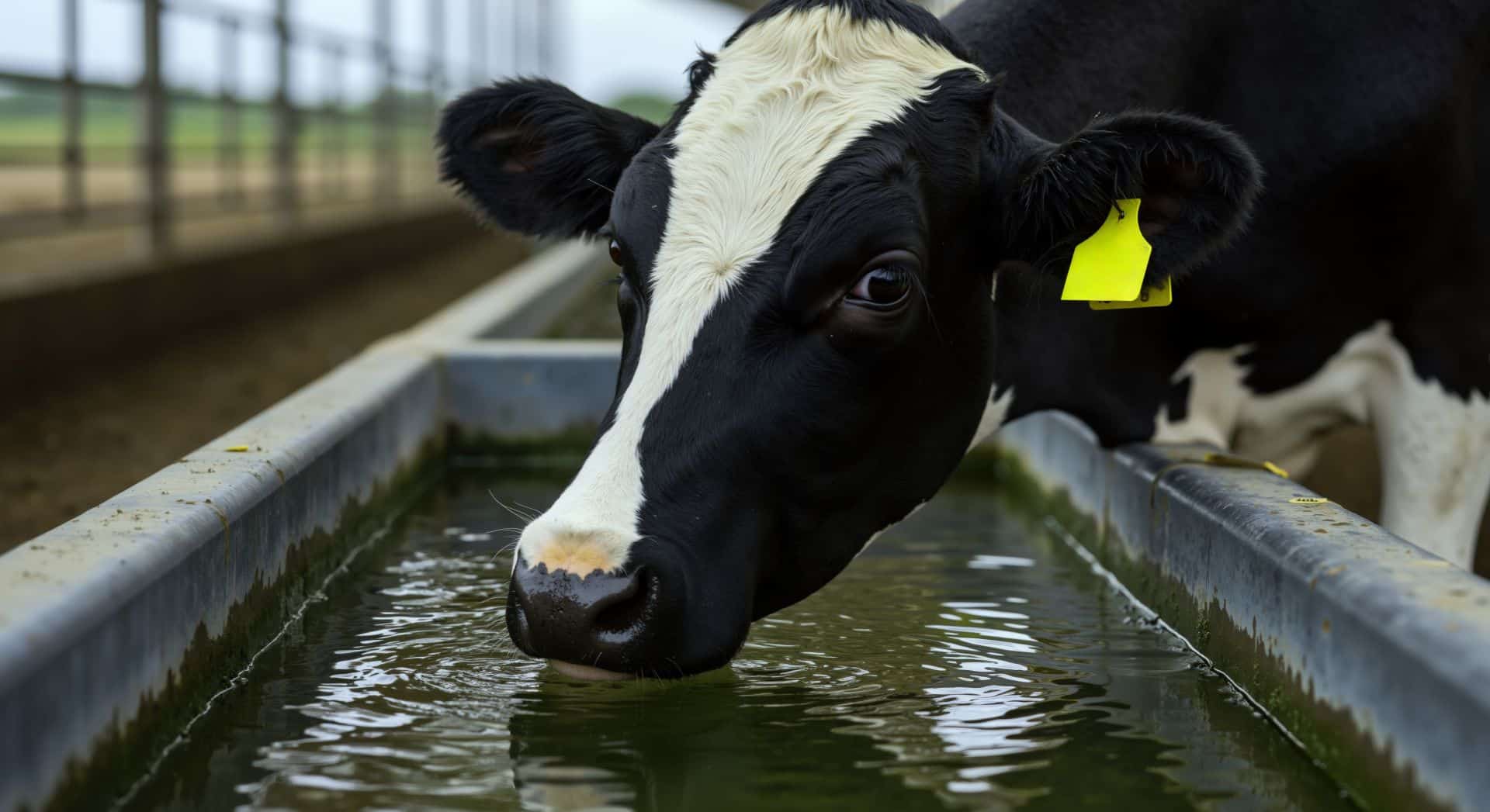 Kuh mit gelbem Ohrmarke trinkt aus einem länglichen Wassertrog in einem Stall – Beispiel für funktionale Stalleinrichtung
