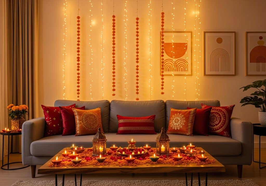 Festlich dekoriertes Sofa mit Lichterkette | LED Einbaustrahler