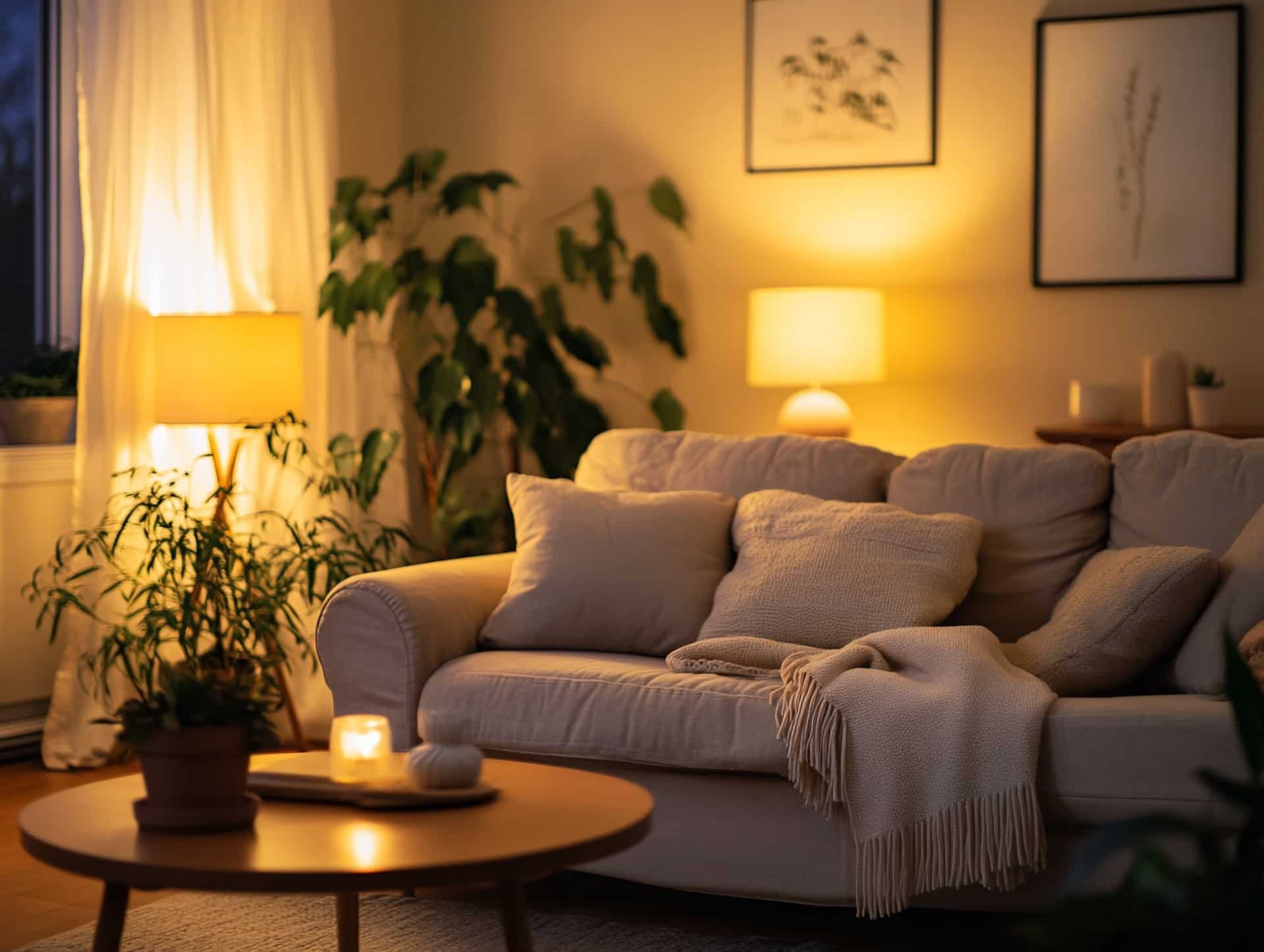 Gemuetlich eingerichtetes Wohnzimmer mit Lampen | LED Einbaustrahler