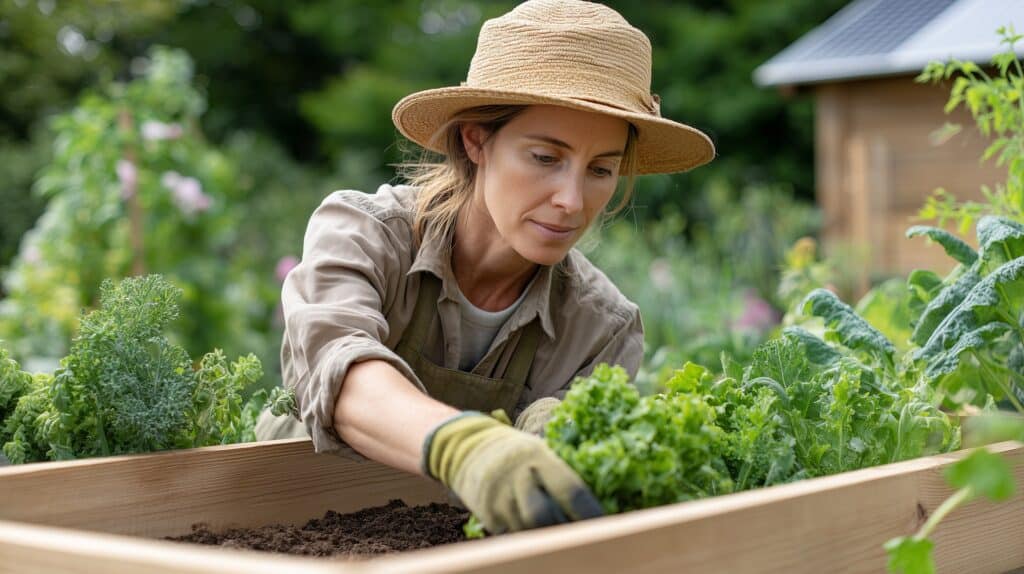 Frau mit Strohhut erntet frisches Gemüse im Hochbeet | Zisterne