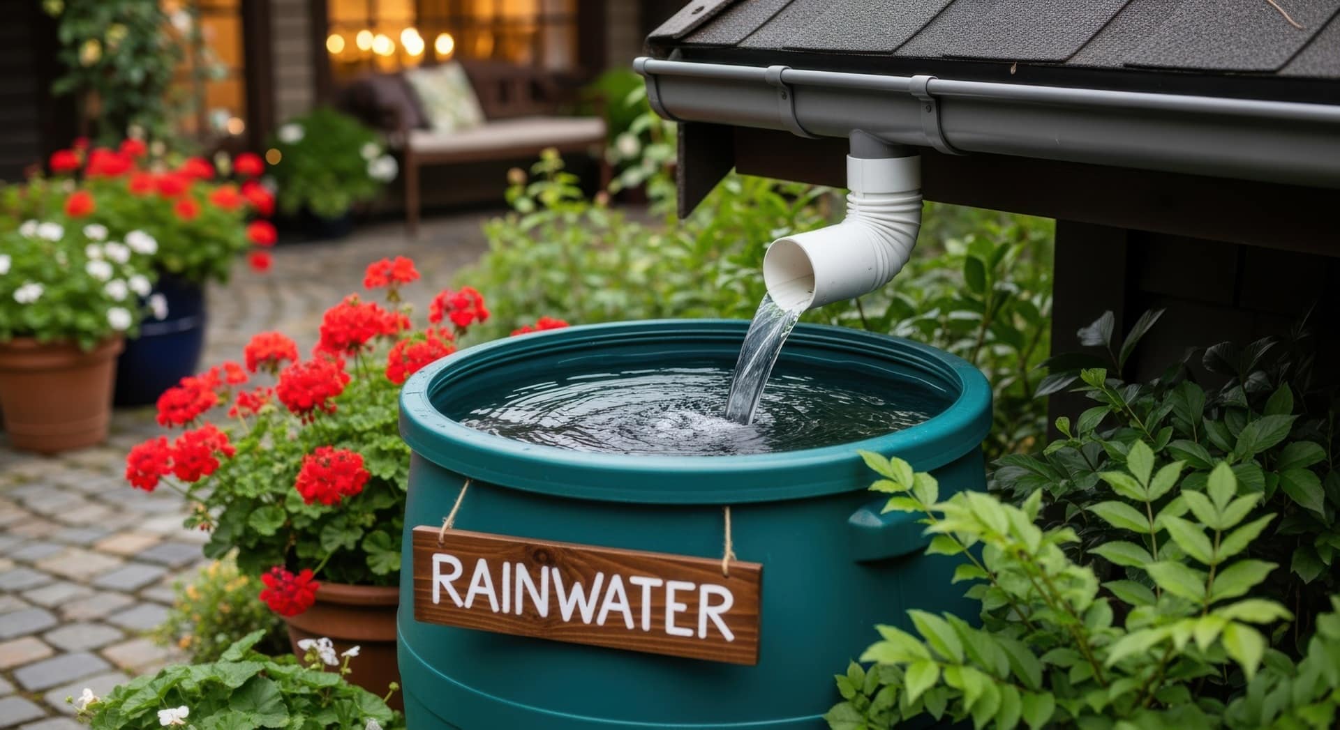 Regenwasser läuft in grüne Regentonne im Garten | Zisterne